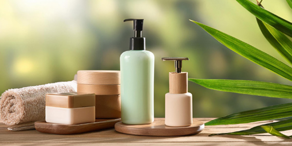 Auf einem Holztisch stehen zwei Spenderflaschen und mehrere runde und eckige Dosen, daneben ein zusammengerolltes Handtuch. Rechts im Bild sind grüne Pflanzenblätter zu sehen, Hintergrund unscharf in Grün.